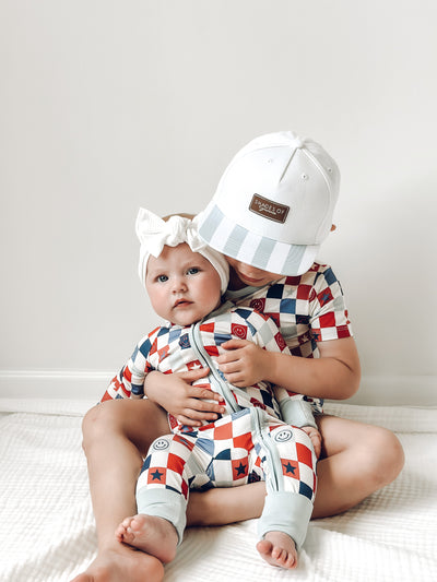 Red White & Blue Checkered Zipper Romper.