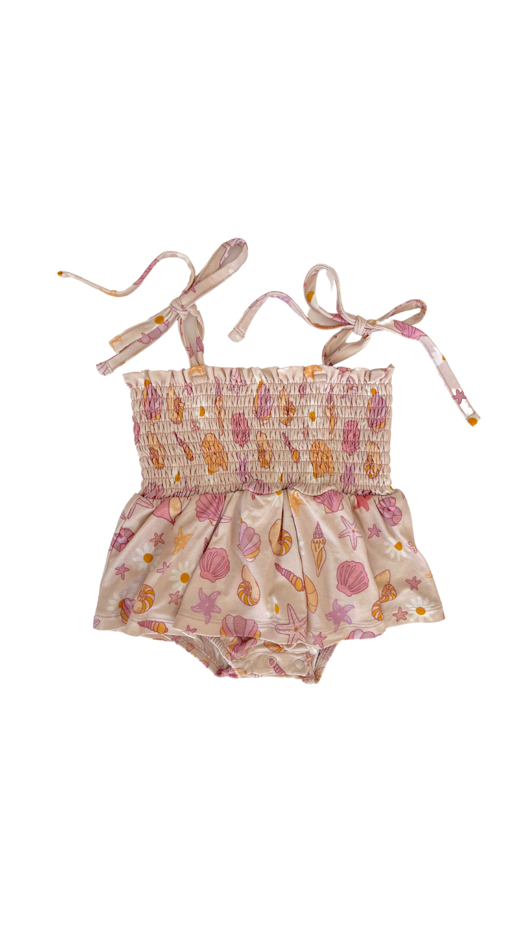 Beach Babe Smocked Ruffle Bubble Romper Jammers x Karissa Abbott.