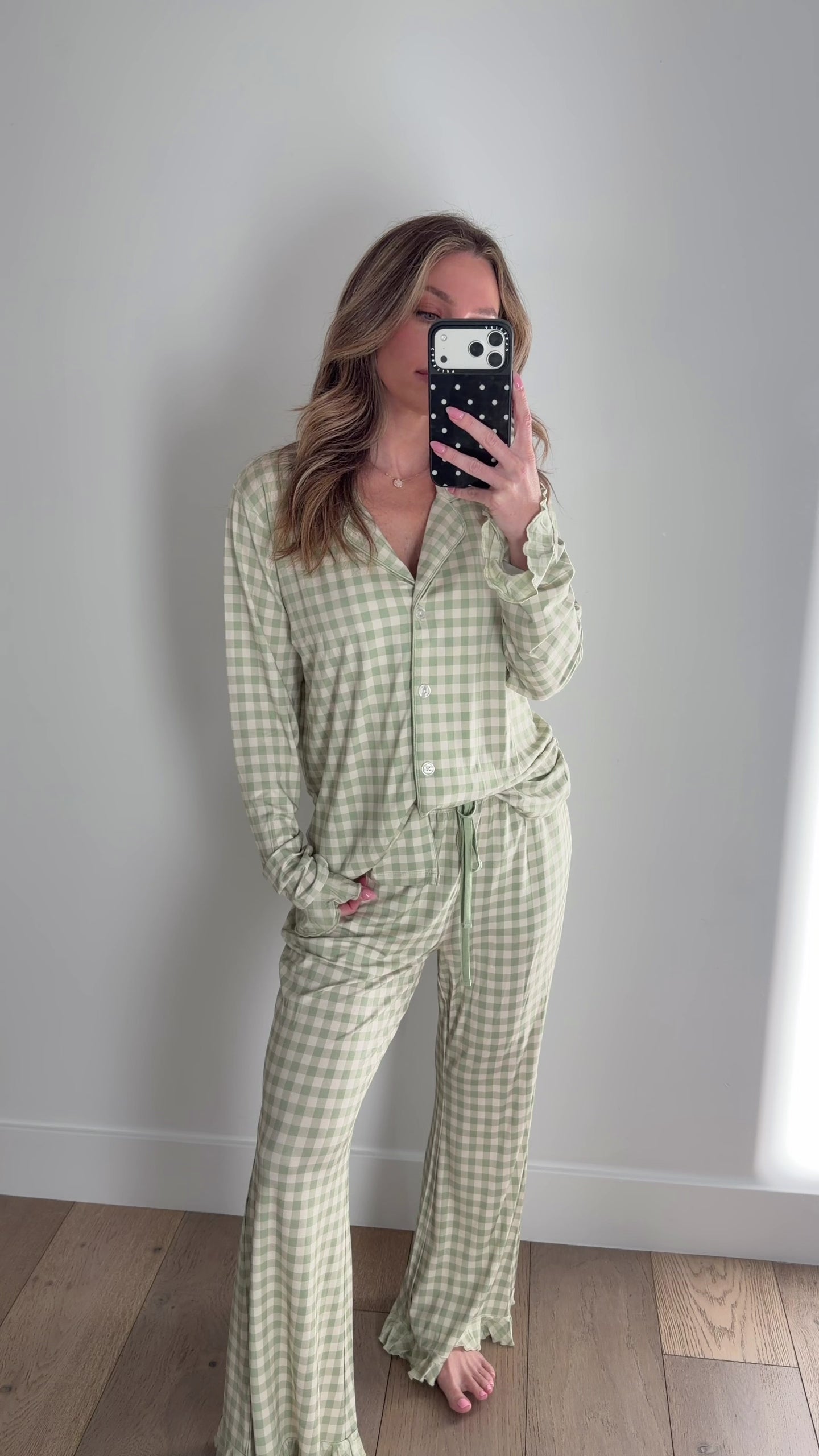 Green Gingham Women's Long Sleeve Ruffle Set