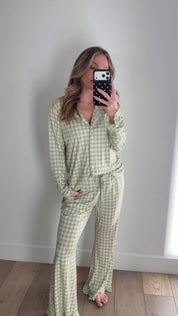 Green Gingham Women's Long Sleeve Ruffle Set