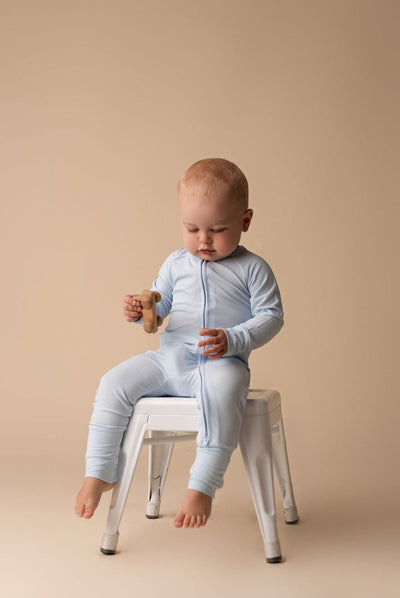 Sky Blue Ribbed Zipper Romper.